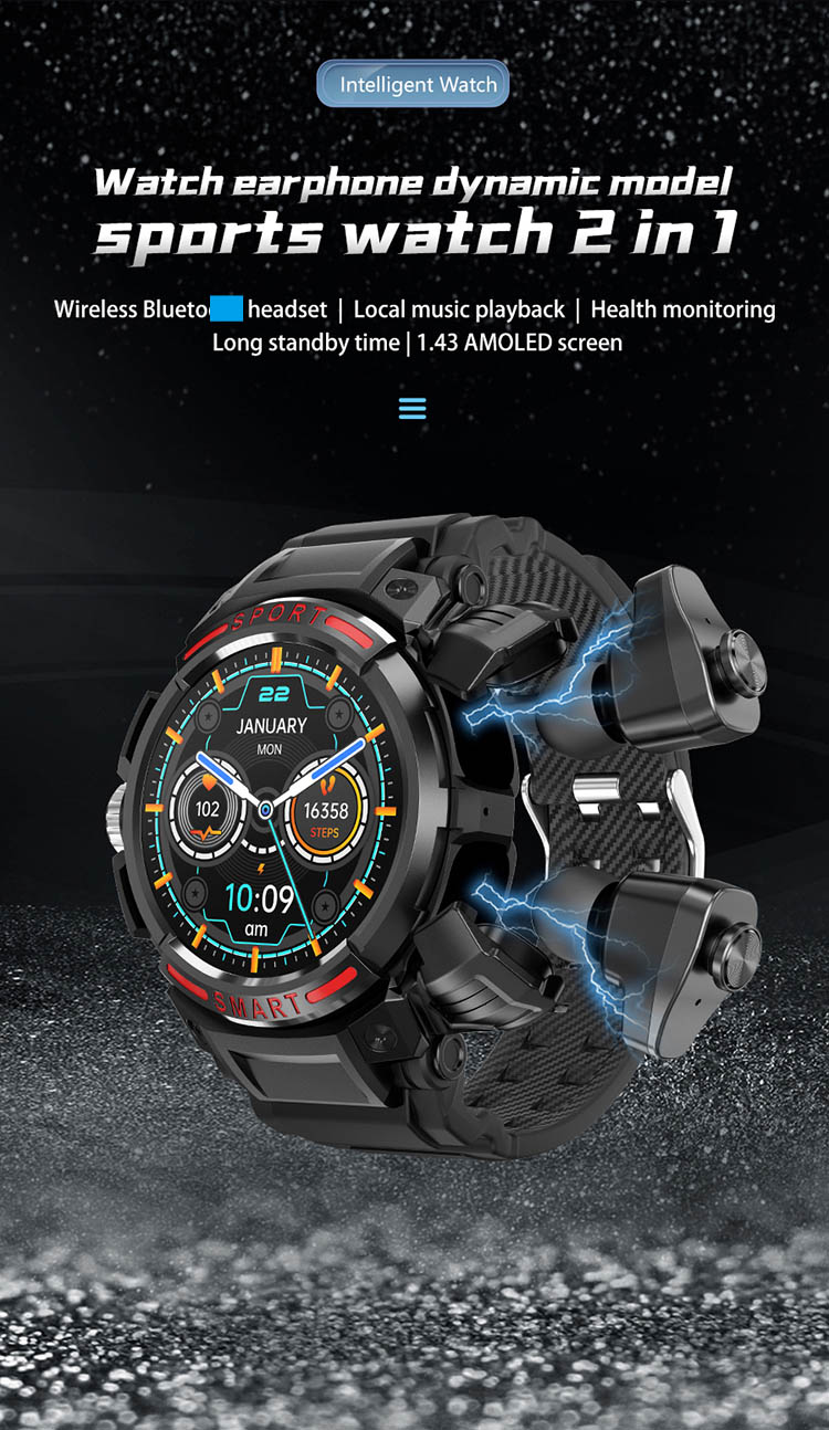 GT100 smart watch, GT100 smartwatch, 2 in 1 TWS smartwatch, GT100 smartwatch with earphones, GT100 smart watch with earbuds, health watch, fitness tracker, smart watch with earphone